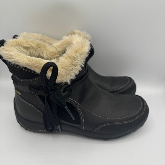 Merrell Women's Misha Waterproof Winter Boot Black Leather Faux Fur Size 8 - Picture 2 of 7